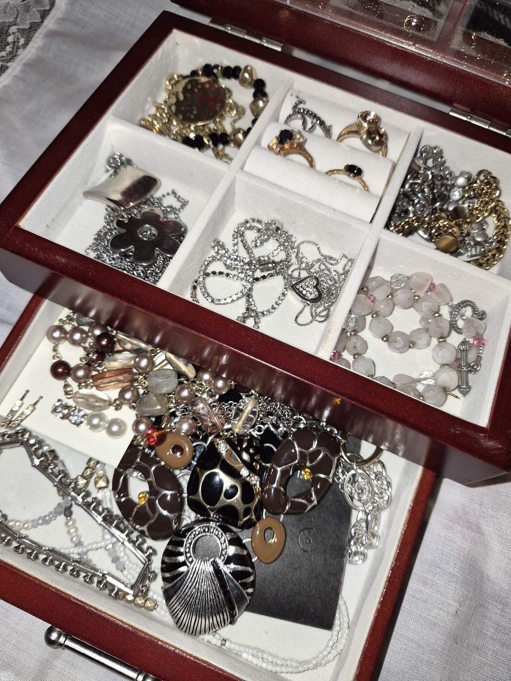 Vintage Wooden Jewelry Box with Costume Jewelry Lot 🌟 Estate Mystery Bundle